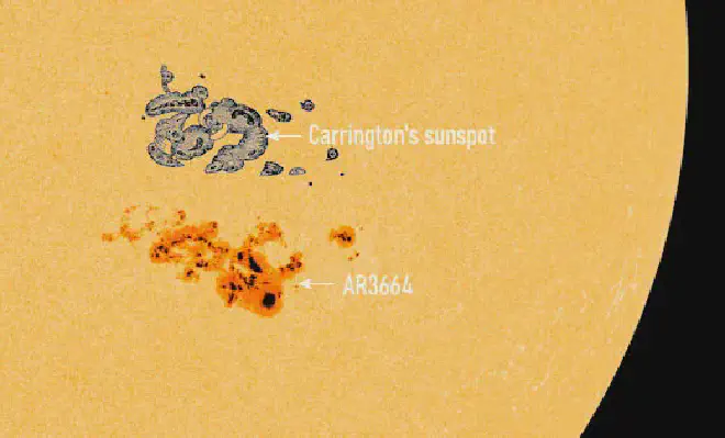 “Comparison between Richard Carrington’s sketch of the solar spot that caused a terrible impact in 1850 and the current solar spot AR3664. Image credit: Spaceweather.com”