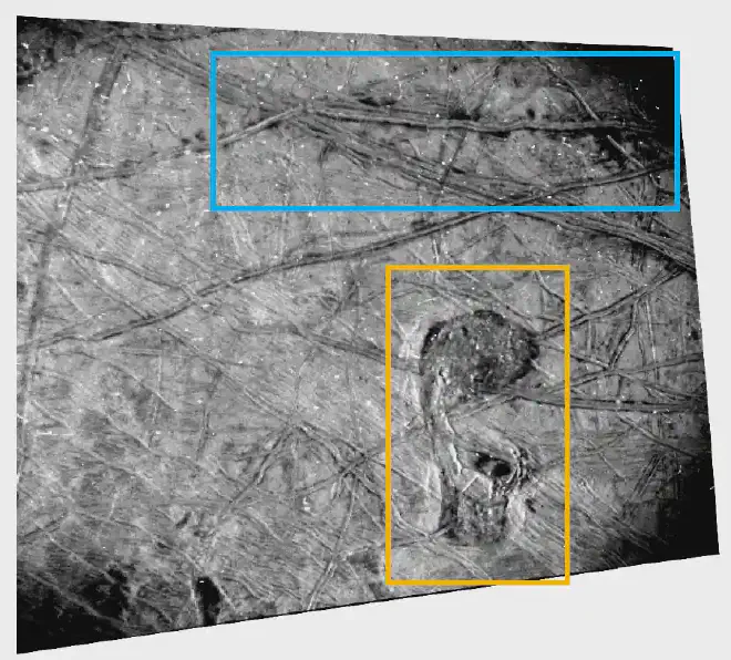 Details from Europe, Jupiter’s moon, which, due to its form resemble to a platypus or a musical note