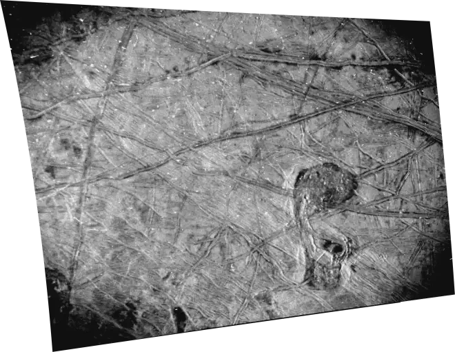 This black and white image of the surface of Europe was taken by the Star Reference Unit (SRU) aboard NASA’s Juno spacecraft during the flyby of the Jovian moon on September 29, 2022. Image credit: NASA/JPL-Caltech/SwRI.