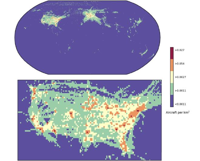 Maximum air traffic density for each grid square seen on September 1, 2023, separated by air traffic density thresholds, for the whole world and zoomed for the US. Credit: Wright et al, Nature Scientific Reports