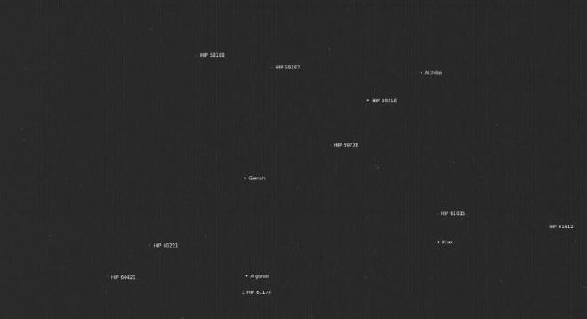 This mosaic of a star field — showing part of the constellation Corvus — was made from three images captured on December 4, 2024, by star tracker cameras aboard NASA’s Europa Clipper spacecraft. You can see the star names labeled. Credit: NASA/JPL-Caltech