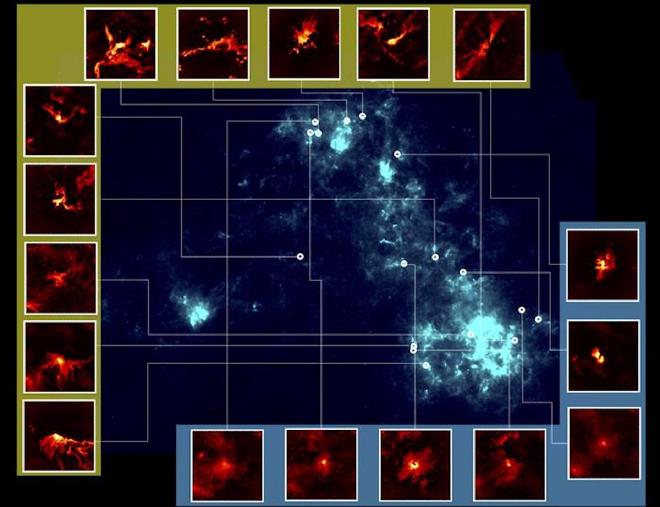 Molecular clouds in the Small Magellanic Cloud. A far infrared image of the Small Magellanic Cloud as observed by the European Space Agency’s (ESA) Herschel Space Observatory. Circles indicate the positions observed by the ALMA telescope, with the corresponding enlarged image of the observed molecular cloud from radio waves emitted by carbon monoxide. The enlarged pictures framed in yellow indicate filamentary structures. The pictures in the blue frame indicate fluffy shapes. Credit: ALMA (ESO/NAOJ/NRAO), Tokuda et al., ESA/Herschel