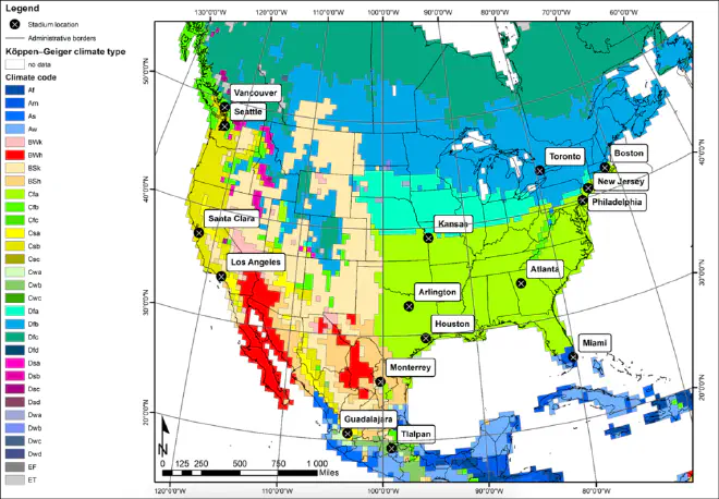 The 16 stadiums that are hosting 2026 FIFA World Cup games span nine different climate zones as defined by the Köppen-Geiger climate classification. Changing climate conditions between games will place additional stress on soccer players’ bodies. Credit: Lindner-Cendrowska et al., 2024, https://doi.org/10.1038/s41598-024-77540-1, CC BY-NC-ND 4.0, using data from the World Bank Group, CC BY 4.0