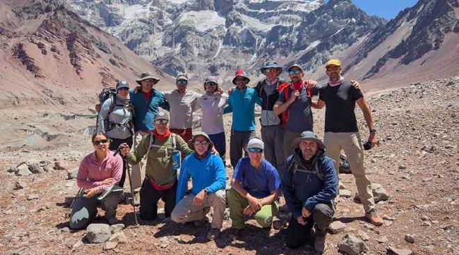 A full group image on Plaza Francia, with the Mount Aconcagua South wall behind. Image credit: Pablo Betancourt