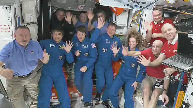 The four SpaceX Crew-10 members and the seven Expedition 72 crew members join each other for a welcoming ceremony shortly after the SpaceX Dragon crew spacecraft docked to the International Space Station and the hatches opened. Credit: NASA