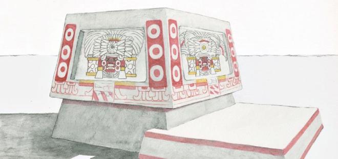 A rendering of the altar illustrates the painted panels of red, black and yellow depicting a person wearing a feathered headdress and flanked by shields or regalia. Rendering by Heather Hurst