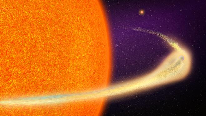 A disintegrating planet orbits a giant star. “The extent of the tail is gargantuan, stretching up to 9 million kilometers long,” says Marc Hon, a postdoc in MIT’s Kavli Institute for Astrophysics and Space Research. Credit: Jose-Luis Olivares, MIT