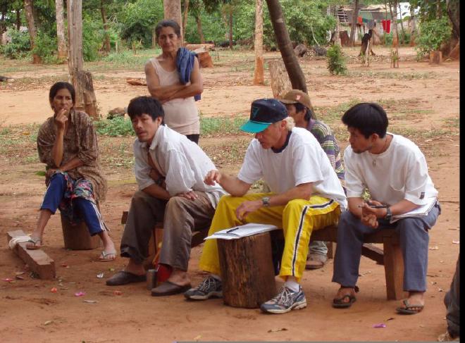 Kim Hill interviews people at an Aché community in 2010.