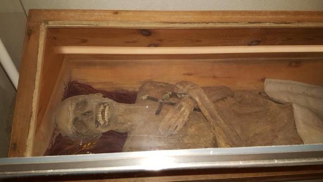 The mummy of the ‘air-dried chaplain’ in his coffin in the church crypt of St. Thomas am Blasenstein, Austria. Credit: Andreas Nerlich.