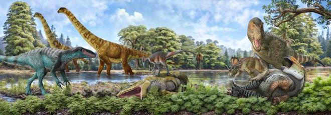 This artwork illustrates the disparity of the northern and southern hemisphere’s evolution of terrestrial Cretaceous faunas after the Cretaceous Thermal Maximum. On the left, End Cretaceous Southern Hemisphere (Western Gondwana) became dominated by megaraptorid theropods and titanosaur sauropods. The centre of the piece summarises the extinction event of terrestrial fauna at the Cretaceous Thermal Maximum, where the apex predators the carcharodontosaurids and allosaurs went extinct and tyrannosauroids (including megaraptoran and the ancestors of Tyrannosaurus rex) were small. On the right, the end Cretaceous northern hemisphere fauna dominated by tyrannosaurids (such as Tyrannosaurus rex), hadrosaurs and ceratopsian ornithischian dinosaurs. The environment also became more mesic compared to the more semi-arid seasonal environment earlier in the Cretaceous. Credit: Pedro Salas and Sergey Krasovskiy.