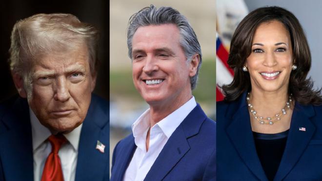 The latest UCI-OC Poll asked voters how they rate President Donald Trump and California Gov. Gavin Newsom and whether they’d vote for former Vice President Kamala Harris. Credit: UCI