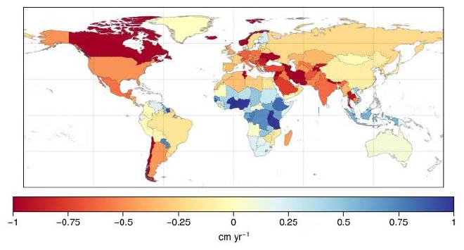 La figura muestra las tendencias de almacenamiento de agua terrestre a largo plazo de GRACE/FO promediadas para cada país (febrero de 2003 – abril de 2024). Crédito: ASU