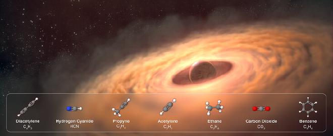 Representación artística de un disco de polvo y gas que rodea al joven exoplaneta CT Cha b, a 625 años luz de la Tierra. Imagen completa, anotaciones y pie de foto a continuación. Créditos: Ilustración: NASA, ESA, CSA, STScI, Gabriele Cugno (Universidad de Zúrich, NCCR PlanetS), Sierra Grant (Institución Carnegie para la Ciencia), Joseph Olmsted (STScI), Leah Hustak (STScI)