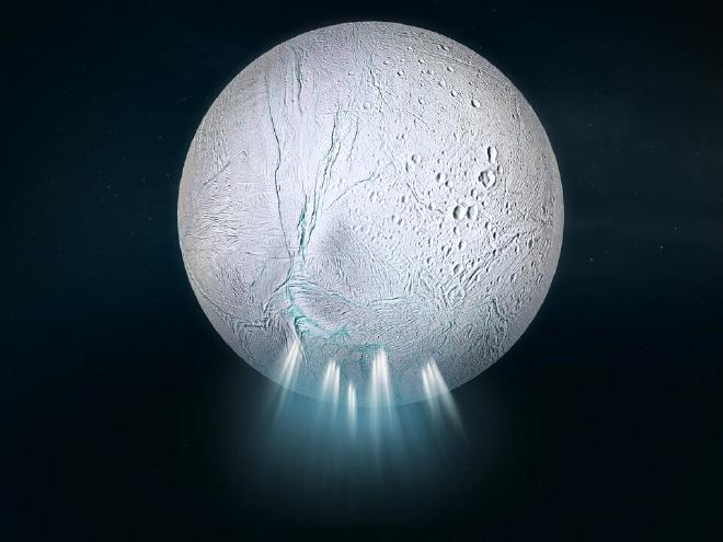 Esta impresión artística muestra Encélado, la luna helada de Saturno. Con una superficie helada que cubre un océano profundo, Encélado es un objetivo fascinante para buscar indicios de habitabilidad en otras partes de nuestro Sistema Solar. Chorros de agua brotan de grietas cercanas al polo sur de la luna, expulsando granos de hielo al espacio. Estos granos de hielo transportan moléculas orgánicas del océano subterráneo de Encélado, algunas de las cuales son lo suficientemente complejas como para revelar que en este mundo helado se desarrolla química avanzada. Algunos de los secretos de Encélado ya fueron revelados por la misión Cassini-Huygens de la NASA/ESA/ASI. La ESA estudia actualmente una misión dedicada a Encélado. Con un lanzamiento previsto para la década de 2040, la misión sobrevolaría los chorros e incluso aterrizaría en el terreno del polo sur de la luna para recolectar muestras. Crédito de la imagen: Graphic composition: ESA; Surface: NASA/JPL-Caltech/Space Science Institute/Lunar and Planetary Institute