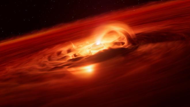 Esta impresión artística muestra Cha 1107-7626. Ubicado a unos 620 años luz de distancia, este planeta errante tiene entre 5 y 10 veces la masa de Júpiter y no orbita ninguna estrella. Está absorbiendo material de un disco a su alrededor y, utilizando el Very Large Telescope (VLT) de ESO, los astrónomos han descubierto que lo hace a una velocidad de seis mil millones de toneladas por segundo, la más rápida jamás encontrada para cualquier tipo de planeta. El equipo sospecha que fuertes campos magnéticos podrían estar canalizando material hacia el planeta, algo que solo se observa en estrellas. Cuando el material que cae sobre el planeta, calienta su superficie, creando un punto caliente brillante. El espectrógrafo X-shooter, instalado en el VLT de ESO, detectó un marcado aumento del brillo a mediados de 2025 y halló una clara evidencia de que esto se debía a la caída de gas. Las observaciones muestran que el planeta está acrecentando materia a una velocidad aproximadamente ocho veces superior a la de hace unos meses. Crédito de la imagen: ESO/L. Calçada/M. Kornmesser