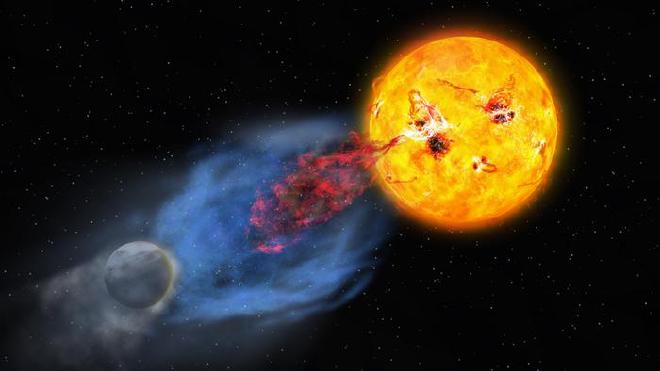 Artist’s depiction of a coronal mass ejection from EK Draconis. The hotter and faster ejection is shown in blue, while the cooler and slower ejection is shown in red. Image credit: NAOJ