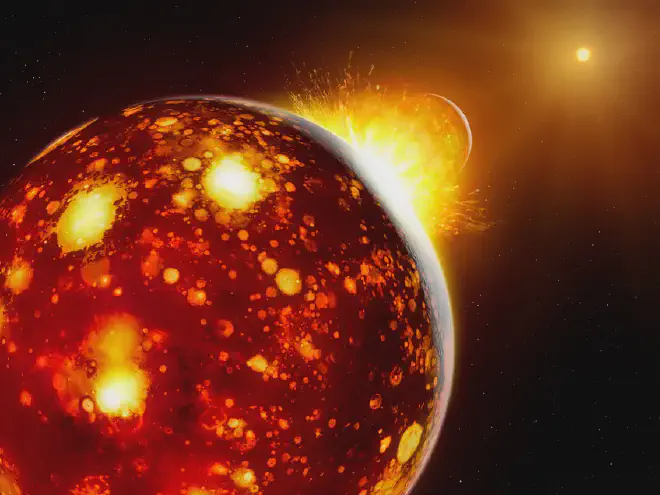 Artist’s impression of the collision between the early Earth and Theia. Since Theia originated in the inner Solar System, in this perspective the Sun can be seen in the background. Image credit: © MPS / Mark A. Garlick