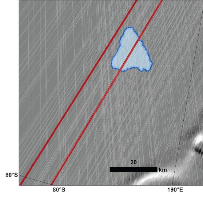 This map shows the approximate area where in 2018 ESA’s Mars Express detected a signal the mission’s scientists interpreted as an underground lake. The red lines show the path of NASA’s Mars Reconnaissance Orbiter, which flew both directly overhead as well as over an adjacent region. Image Credit: Planetary Science Institute