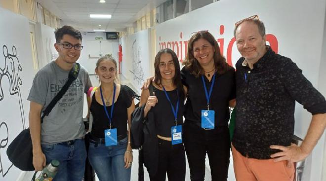 Chronobiology meeting held in 2024 in the city of Buenos Aires. From right to left: Valentín Permingeat, Rocío Giordano, Laura Migliori, Alejandra Mussi, Diego Golombek. Image credit: courtesy of the researchers