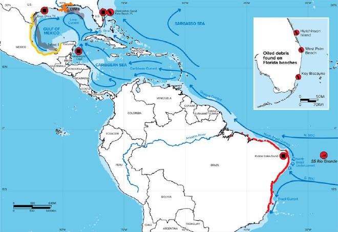 In the summer of 2020, oiled debris was found on Florida beaches. The oil likely traveled 8,500 kilometers (about 5,300 miles) from a 2019 oil spill off the coast of Brazil. Credit: James et al., 2026, https://doi.org/10.1021/acs.est.5c14571, CC-BY 4.0