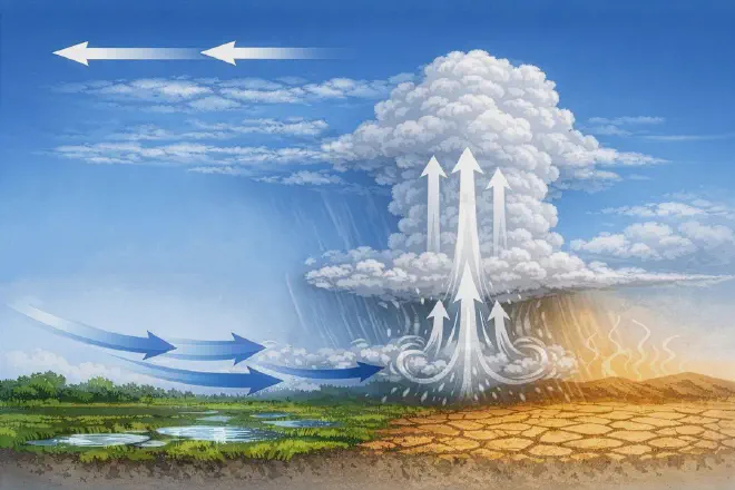 A thunderstorm is forming. Thunderstorm cells tend to grow particularly rapidly and intensely where differences in soil moisture generate near-surface winds, while winds at higher altitudes blow in the opposite direction. Image credit & copyright: TU Wien