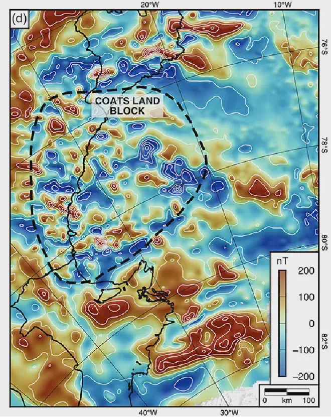 Mapa de anomalías magnéticas de la topografía subglacial de Coats Land bajo la capa de hielo de la Antártida Oriental, que muestra variaciones en el campo magnético terrestre. Los límites entre valores altos (rojo) y bajos (azul) indican superficies geológicas escarpadas, como sistemas de fallas importantes. Crédito: Paxman et al. [2026], Figura 1d. JGR: Earth Surface