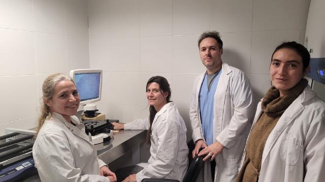 Flavia Michelini, María Ximena Guerbi, Esteban Vogel y Rocío Comito, parte del equipo de investigación. Foto: CONICET Fotografía/R. Baridón.