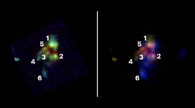 On the left, in green, are the detected galaxies. On the right, the gas structures are in blue. Number 2 is the identified radio galaxy. Image credit: JWST