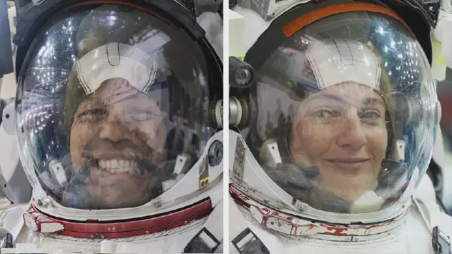 NASA astronauts Chris Williams and Jessica Meir pictured training for a spacewalk in their spacesuits at NASA’s Neutral Buoyancy Laboratory in Houston, Texas. Image credit: NASA