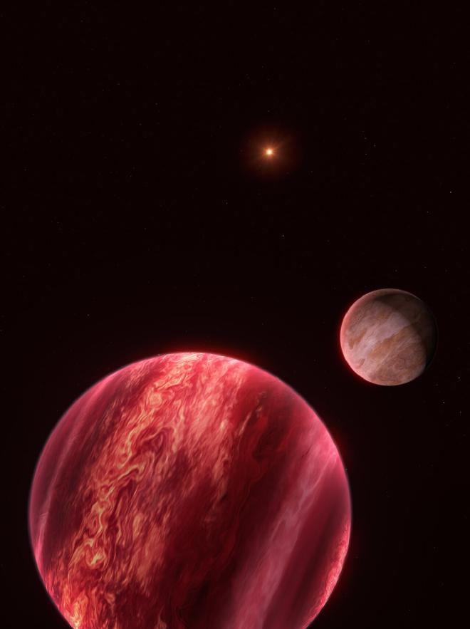 La ilustración muestra el sistema alrededor de la estrella CD-35 2722, con el objeto recién encontrado, similar a la luna, a la derecha. La estrella —la fuente puntual en la parte superior— tiene aproximadamente la mitad de la masa de nuestro Sol, y está orbitada por una enana marrón, el objeto marrón rojizo que se ve aquí en primer plano (abajo). La enana marrón tiene aproximadamente 37 veces la masa de Júpiter: demasiado masiva para ser un planeta, pero no lo bastante masiva como para tener una fusión nuclear sostenida como las estrellas. Esta enana marrón está, a su vez, orbitada por un objeto recién descubierto, al menos tan masivo como Júpiter, visto a la derecha de esta imagen. Este nuevo objeto, detectado con el Very Large Telescope (VLT) de ESO, es difícil de etiquetar. Se comporta como una luna en el sentido de que orbita un objeto que orbita una estrella. Pero esta &rsquo;luna&rsquo; es lo suficientemente masiva como para ser un planeta, y el objeto que orbita, una enana marrón, no es ni un planeta ni una estrella. Crédito: ESO/M. Kornmesser
