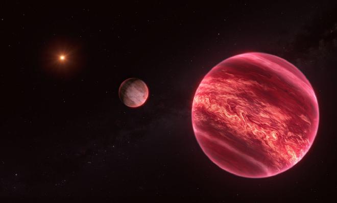 Esta ilustración muestra el sistema alrededor de la estrella CD-35 2722, con el objeto recién encontrado, similar a la luna, en el centro. La estrella —la fuente puntual a la izquierda— tiene aproximadamente la mitad de la masa de nuestro Sol, y la orbita una enana marrón, el objeto marrón rojizo que se ve aquí en primer plano (derecha). La enana marrón tiene aproximadamente 37 veces la masa de Júpiter: demasiado masiva para ser un planeta, pero no lo bastante masiva como para tener una fusión nuclear sostenida como las estrellas. Esta enana marrón está, a su vez, orbitada por un objeto recién descubierto, al menos tan masivo como Júpiter, visto en el centro de esta imagen. Este nuevo objeto, detectado con el Very Large Telescope (VLT) de ESO, es difícil de etiquetar. Se comporta como una luna en el sentido de que orbita un objeto que orbita una estrella. Pero esta &rsquo;luna&rsquo; es lo suficientemente masiva como para ser un planeta, y el objeto que orbita, una enana marrón, no es ni un planeta ni una estrella. Crédito: ESO/M. Kornmesser