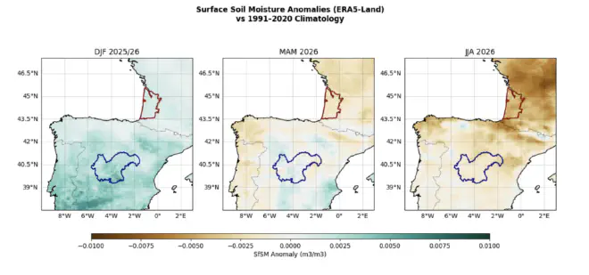 Las anomalías en la humedad del suelo superficial con respecto al período de referencia 1991-2020 en España y el sureste de Francia muestran un cambio drástico en las condiciones climáticas: diciembre, enero y febrero lluviosos, seguidos de junio y julio secos. Crédito: World Weather Attribution