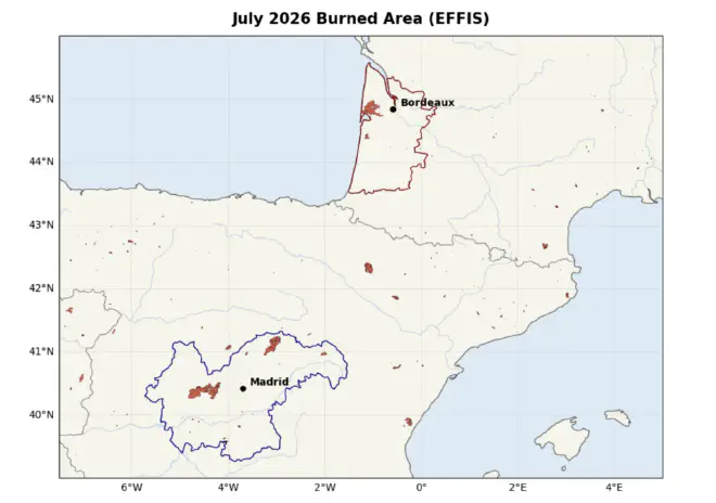 Los incendios forestales de julio arrasaron más de un cuarto de millón de hectáreas (sombreadas en rojo) en España y Francia, según datos del Sistema Europeo de Información sobre Incendios Forestales (EFFIS). El cambio climático aumentó la probabilidad de estos incendios. Crédito de la imagen: World Weather Attribution