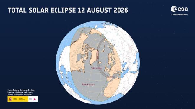 Áreas de la Tierra, en América del Norte, Europa y África que serán impactados por el eclipse solar. Crédito de la imagen: ESA