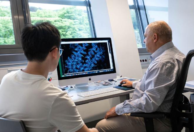 Ziyu Zhao (izquierda) y Leonid Sazanov (derecha) analizando los resultados de la investigación. Crédito y copyright: ISTA