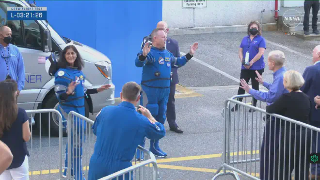 Bill Nelson, NASA administrator, with a blue shirt, in the extreme right of the image, along with special officials and guests. Image credit: NASA video screenshot