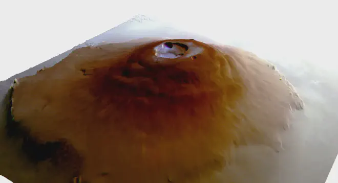 Perspective view of Olympus Mons from Mars Express, with frost (blue) in the cauldron-like hollow