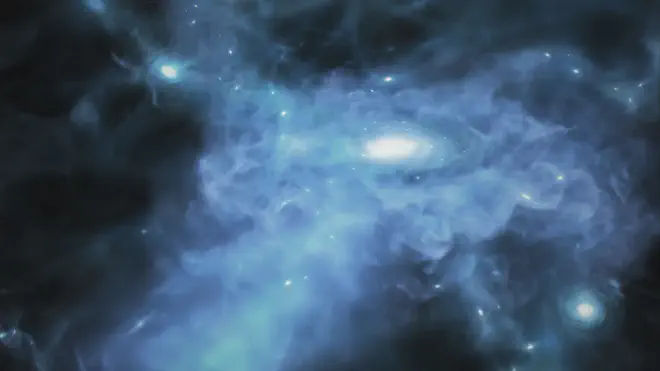 This illustration shows a galaxy forming only a few hundred million years after the big bang, when gas was a mix of transparent and opaque during the Era of Reionization. Data from NASA’s James Webb Space Telescope show that there is a lot of cold, neutral gas in the neighborhood of these early galaxies – and that the gas may be more dense than anticipated. Image credit: NASA, ESA, CSA, Joseph Olmsted (STScI)